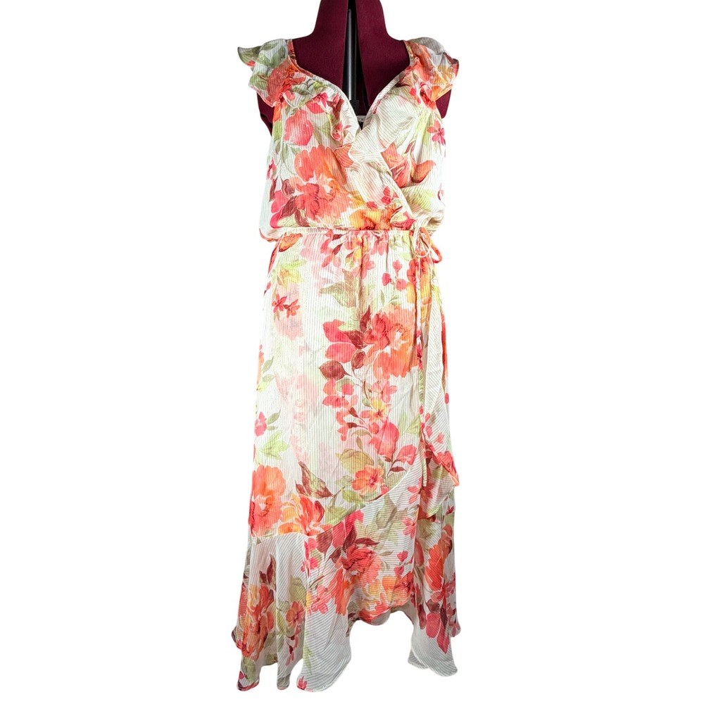 Socialite Midi Dress Womens L Ivory Floral Wrap Ruffle Metallic Cottagecore Boho